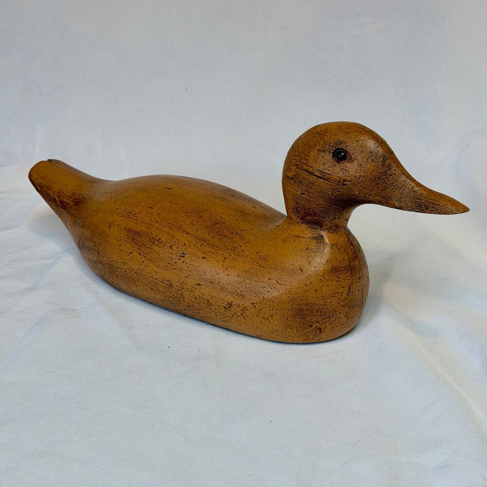 Vintage Hand Carved Solid Wood Duck Decoy Glass Eyes Distressed Finish 16"